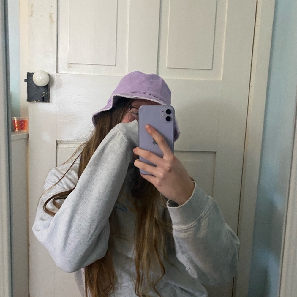 David and young purple bucket hat